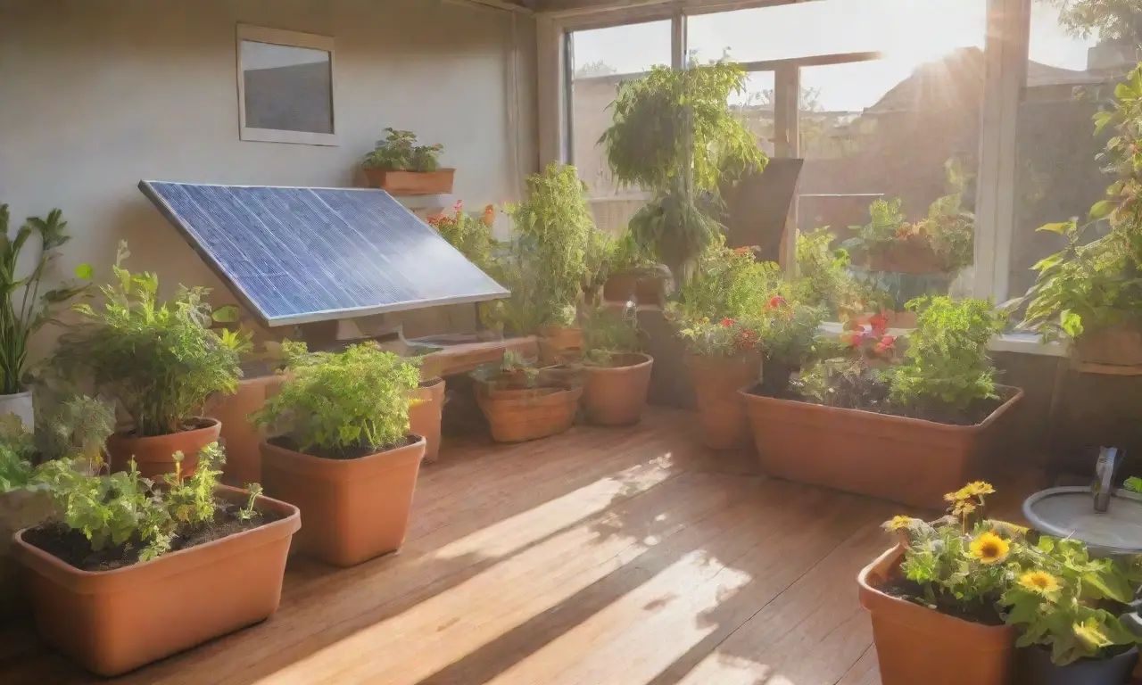 Un hogar sostenible y acogedor, lleno de luz solar, plantas, y tecnología ecológica