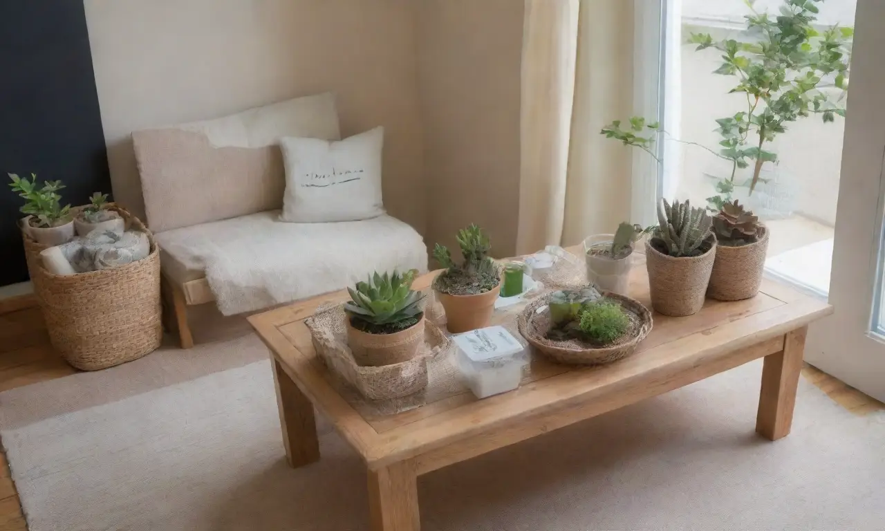 Una sala acogedora con luz natural, plantas, libros, y elementos sostenibles