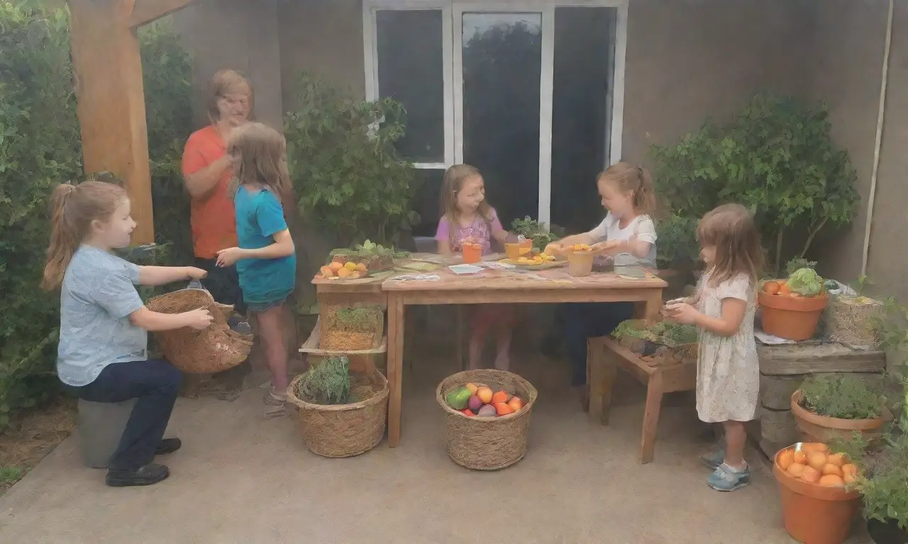 Una familia unida en una cocina luminosa y sostenible, rodeada de naturaleza y hábitos ecológicos